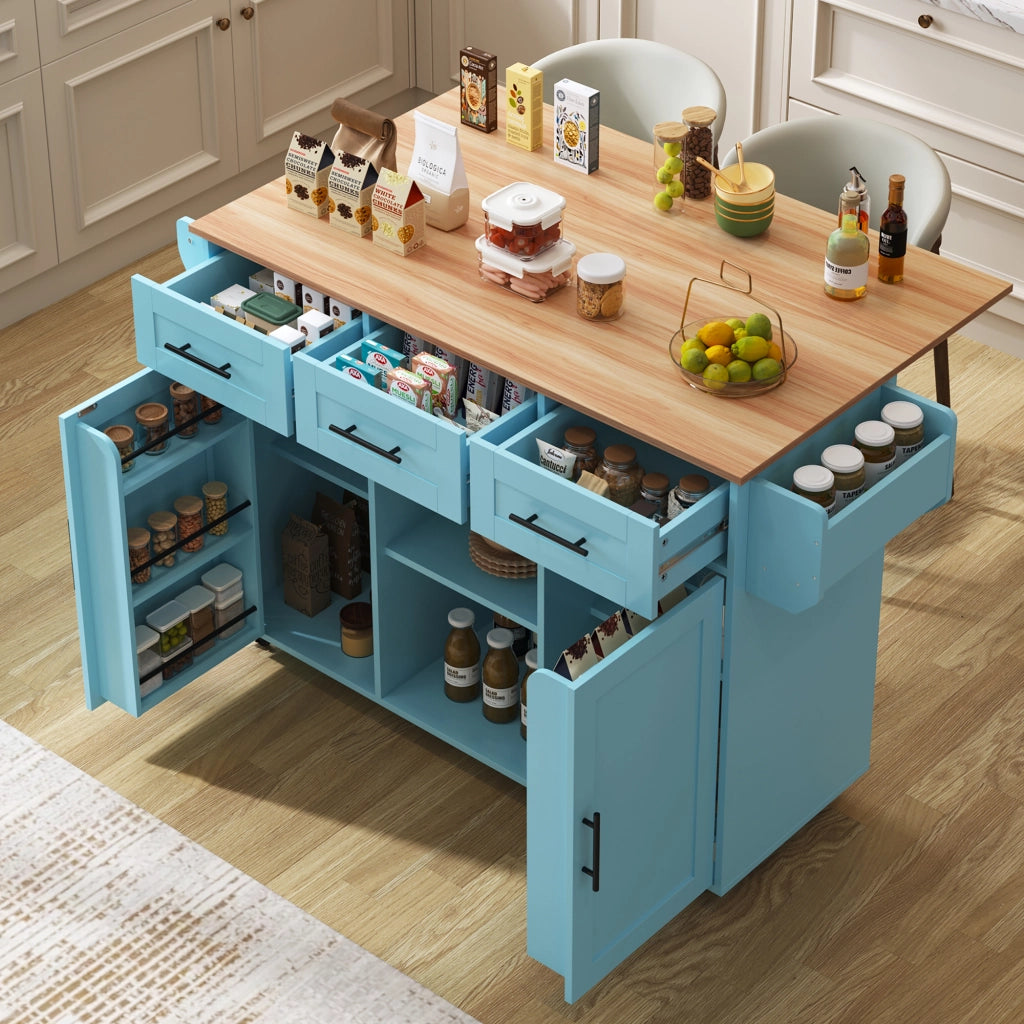 Carrello da cucina con piano pieghevole; 3 cassetti e ripiani regolabili; MDF blu 139 × 46(71) × 91.5 cm