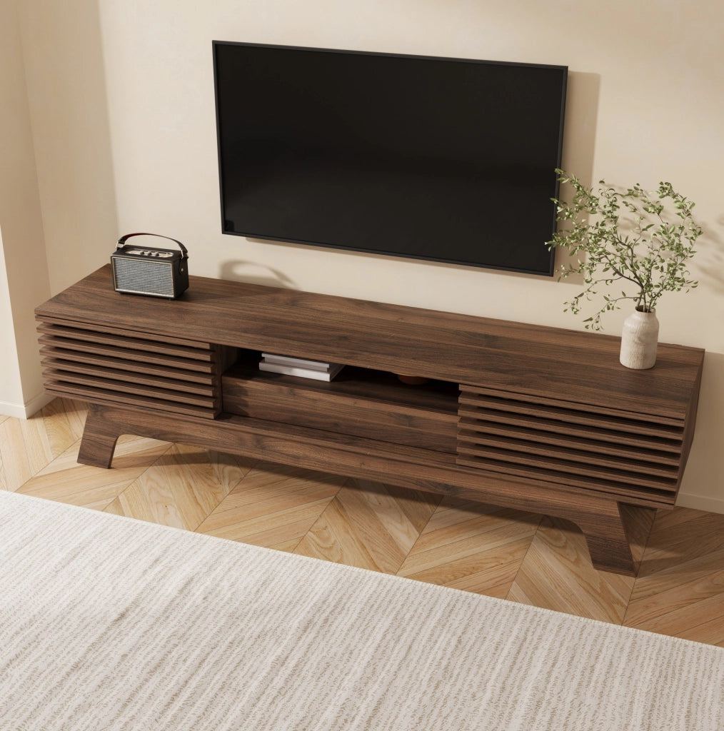 MOBILE TV 150x35x44 cm MDF Color Noce con ante a lamelle