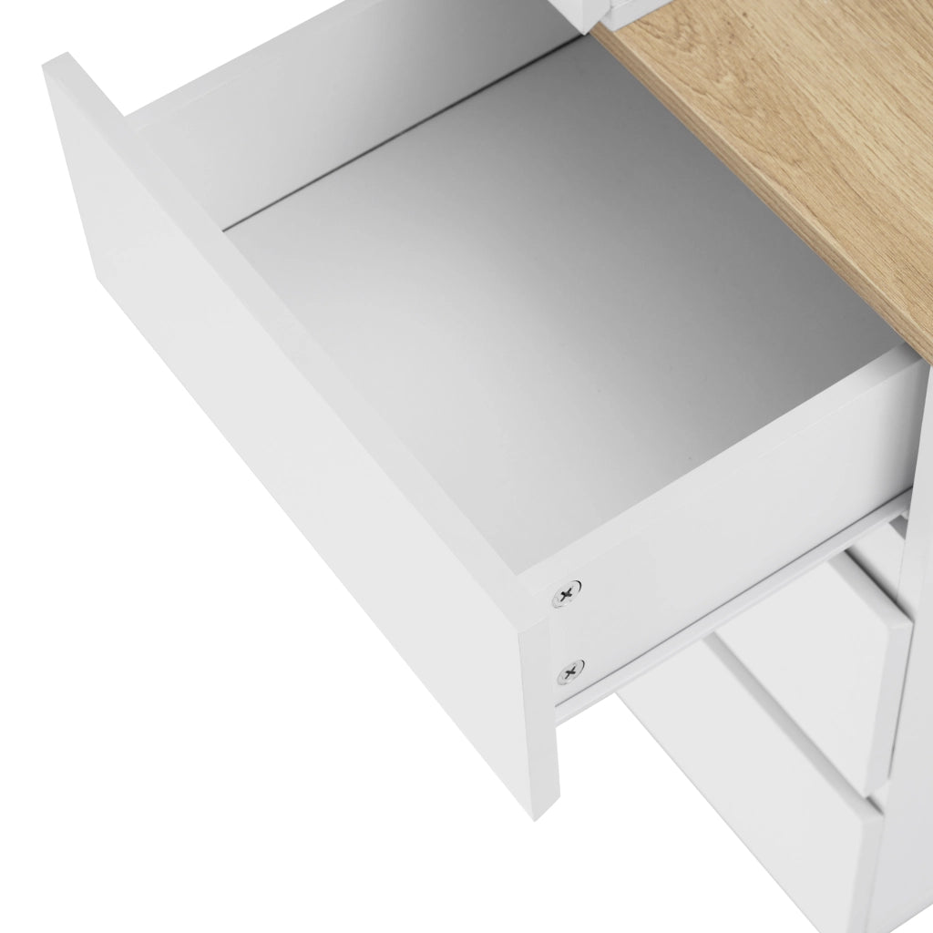 Tavolo da toeletta classico con 5 cassetti capienti, per camera da letto, in pannello truciolare E1. bianco e rovere