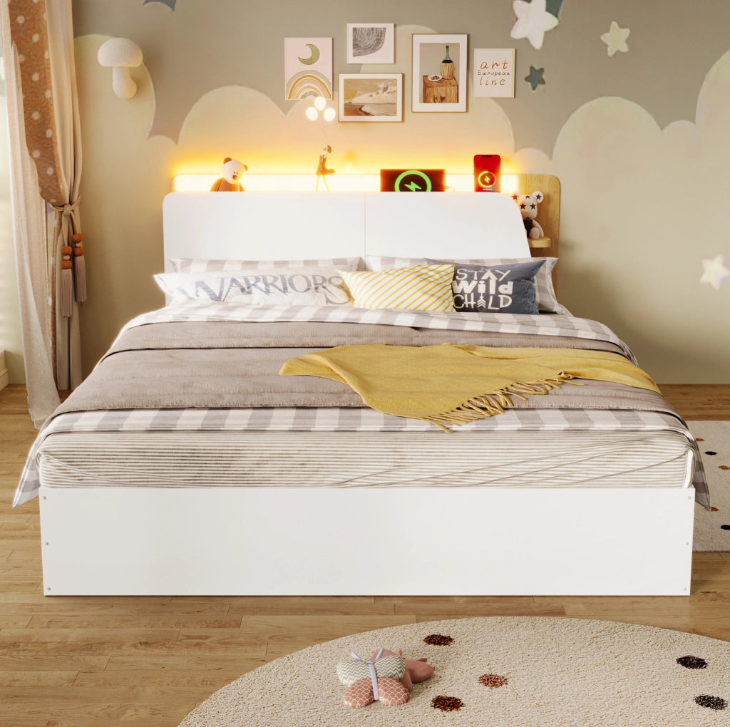 Letto a pannelli con contenitore idraulico 140x200 cm con illuminazione LED e ricarica USB Tipo-C, bianco e naturale