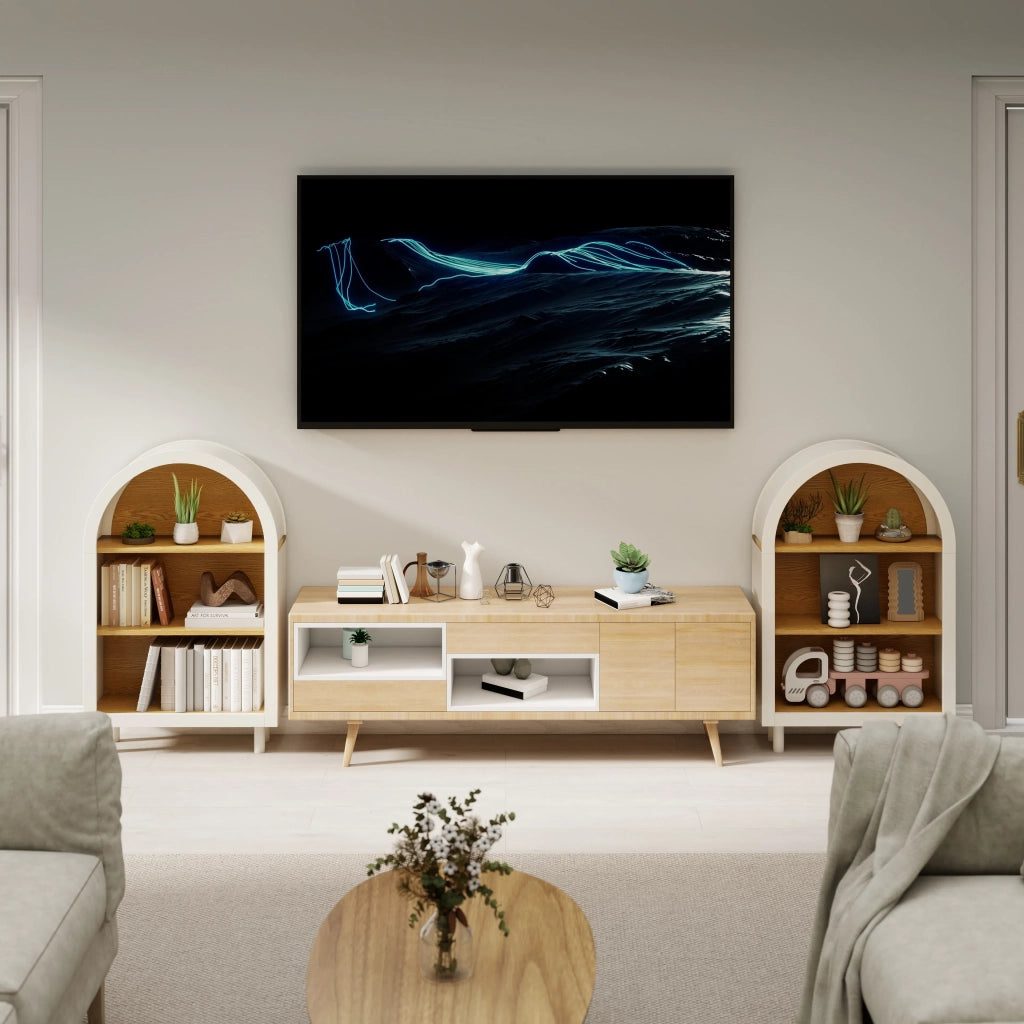 Libreria con vano portaoggetti, design moderno con bordo superiore arcuato, 3 ripiani, bianco effetto legno, per soggiorno, camera da letto e ingresso