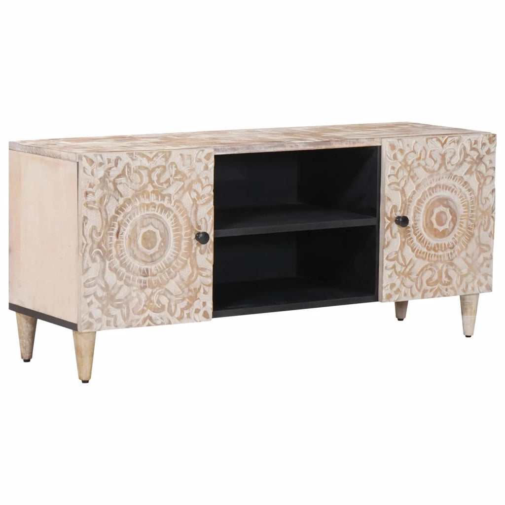 Mobile TV Bianco 105 x 33,5 x 46 cm Legno di mango massello 4018368
