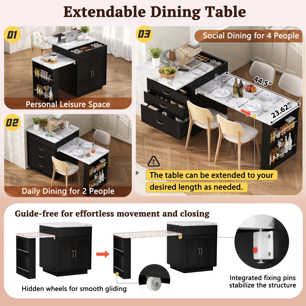 Tavolo allungabile da pranzo con LED; porte USB e Type-C; cassetti e ripiani aperti; nero in MDF
