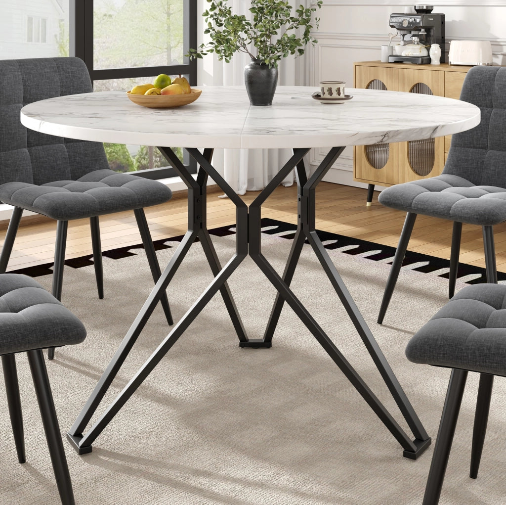 Tavolo da pranzo rotondo 100x100x76 cm in MDF effetto marmo e metallo, 4 posti