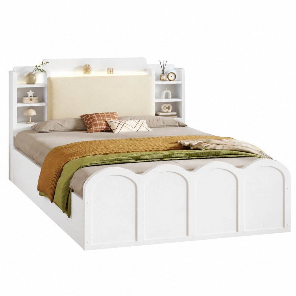 Letto 90x200 cm con contenitore idraulico, LED, USB e USB-C integrati bianco