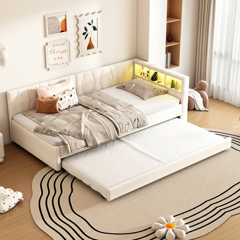 Letto estraibile singolo 90×200 cm con USB Type-C; LED e ripiani; con rete; senza materasso; lino; beige