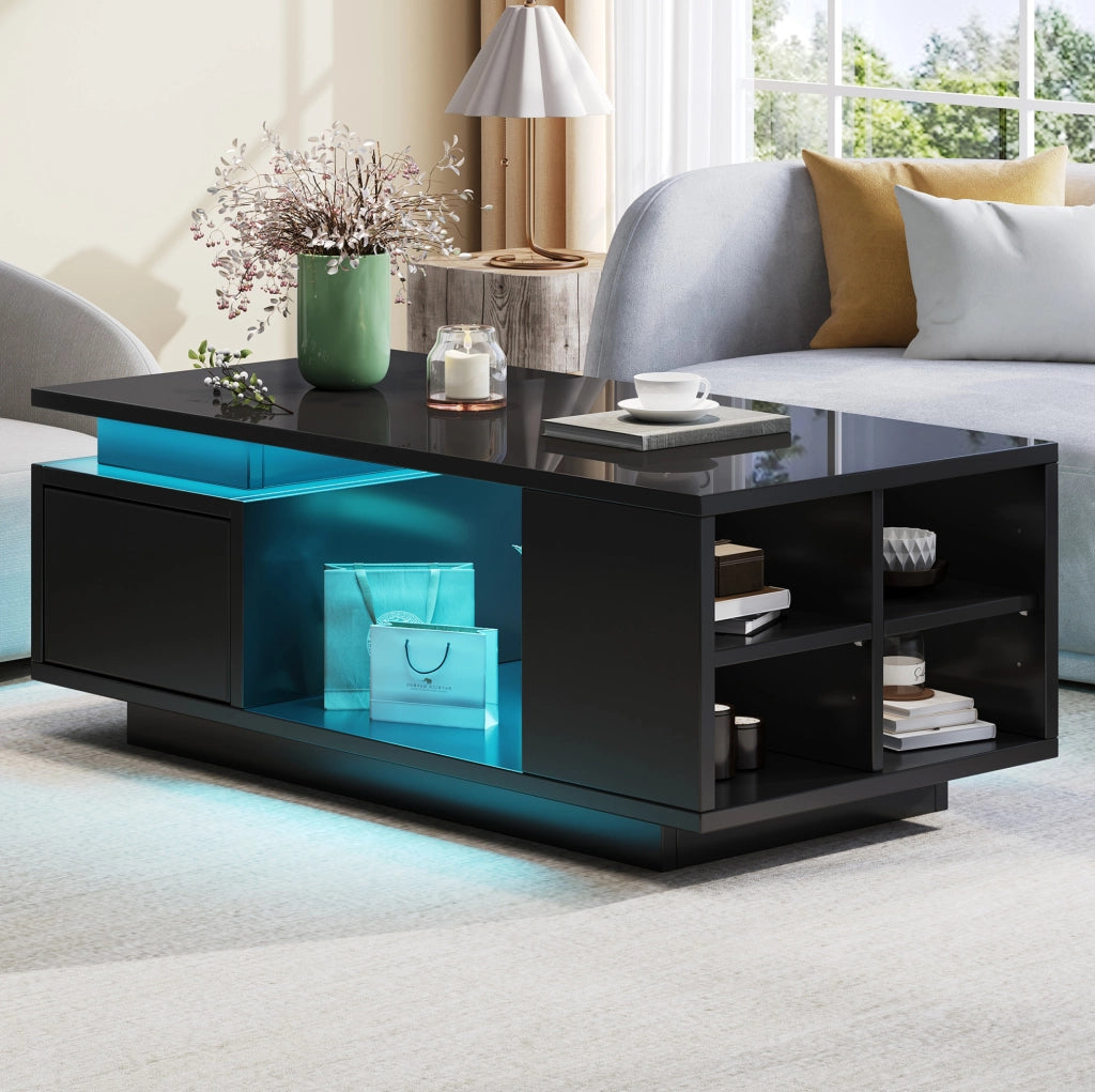 Tavolino da caffè 100x50 cm nero lucido con LED; cassetto e vani laterali HOMVRA