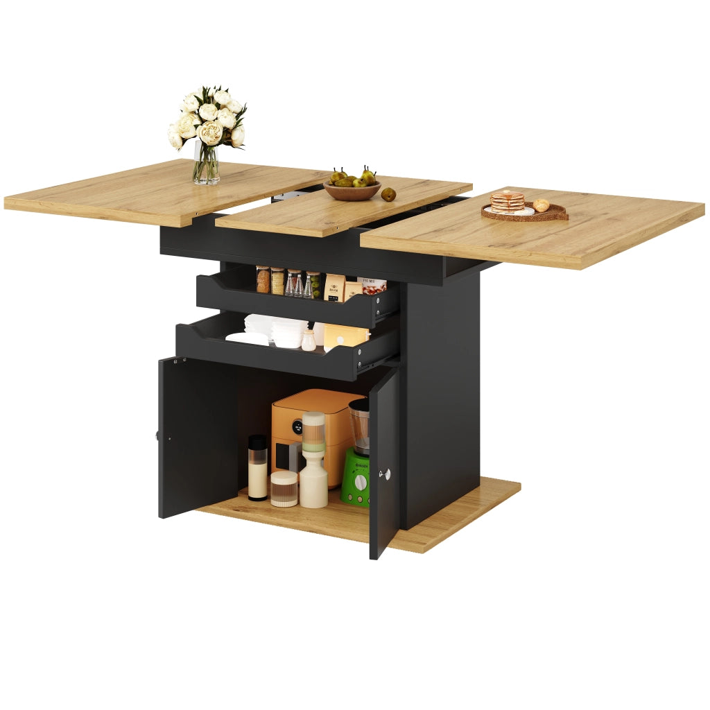 OKWISH Tavolo da Pranzo Allungabile con Vano Contenitore Integrato e Ripiani Estraibili, MDF, Nero, 110-140x80x76 cm