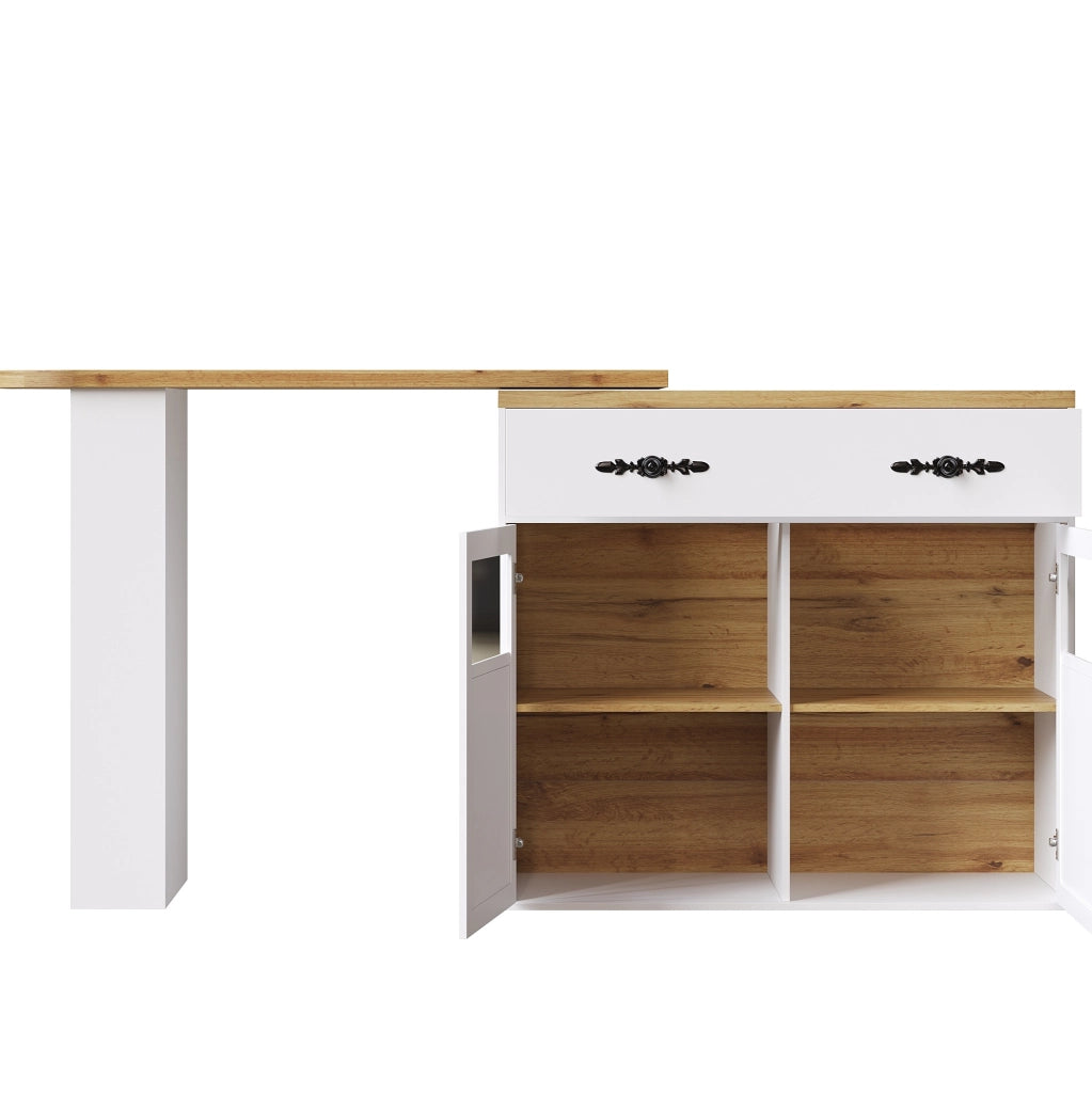 Tavolo bar girevole ed estensibile con contenitore 138-204x39x104 cm in MDF bianco con ripiani