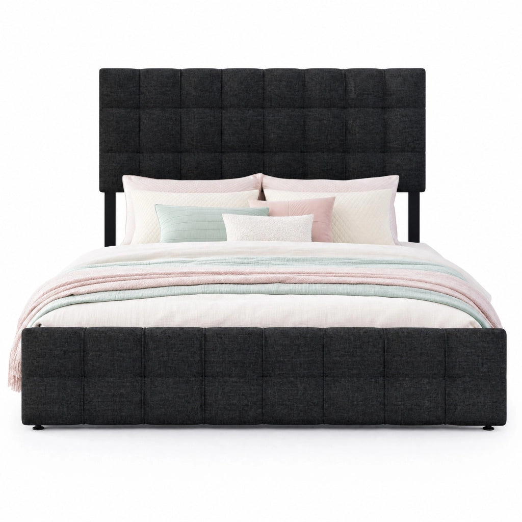 Letto matrimoniale imbottito 140 × 200 cm con 4 cassetti testiera regolabile in lino nero e rete in acciaio