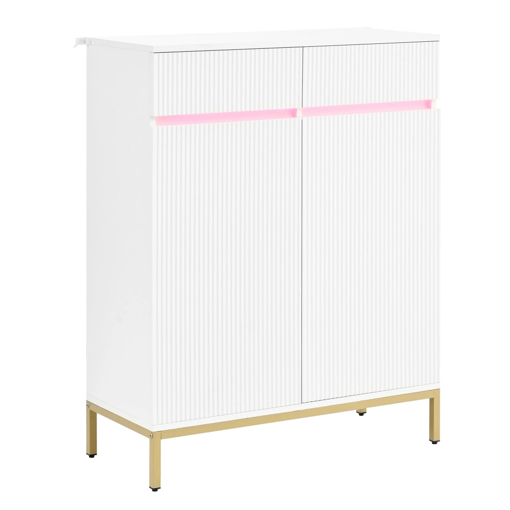 Scarpiera LED con 2 cassetti, 2 ante e ripiani regolabili per ingresso, bianca con gambe dorate, 80 × 35 × 103 cm