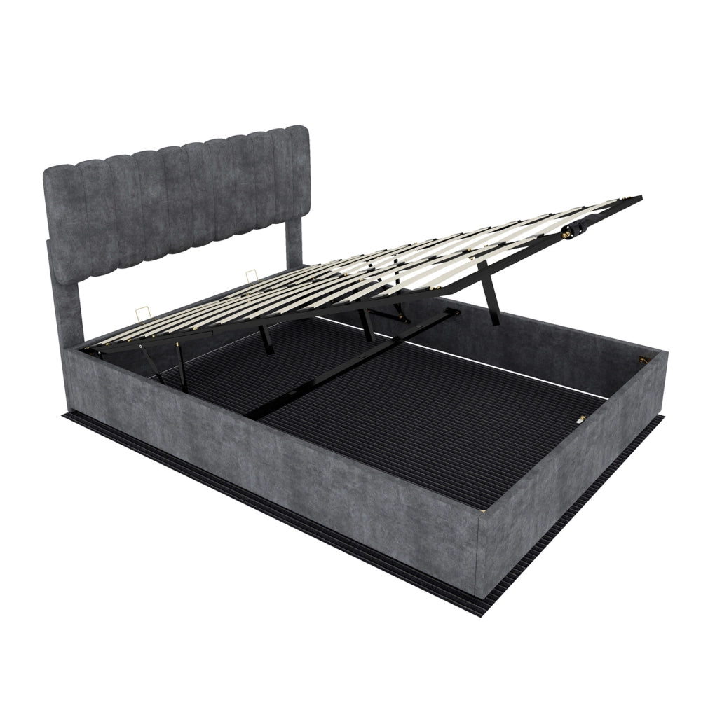 Letto imbottito moderno 160x200 cm con testiera morbida grigio e contenitore con meccanismo a gas