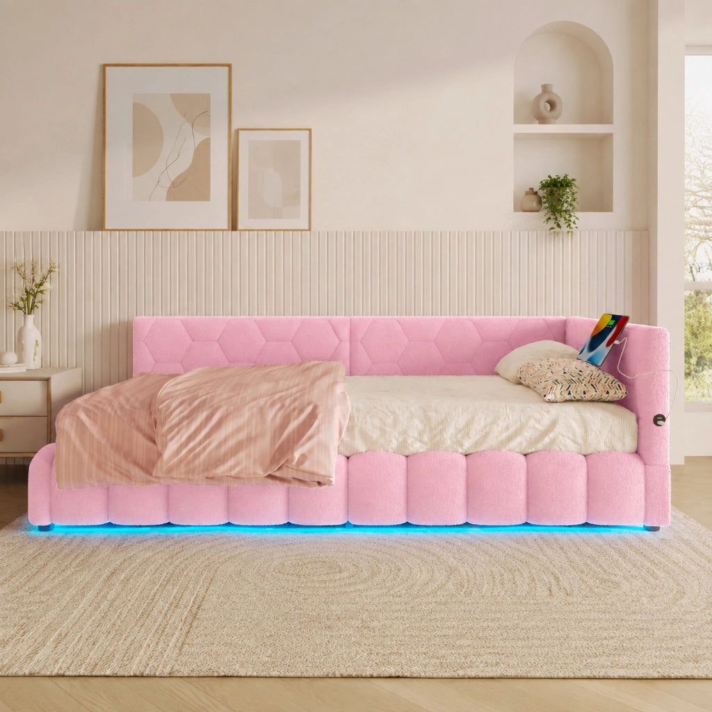 LETTO 90x200 cm Rosa in Vliesimitat e MDF con luce LED, USB e Type-C