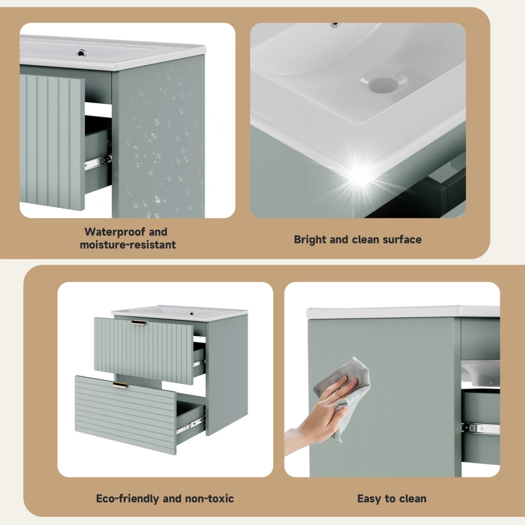 Lavabo sospeso 61x46x57 cm in MDF laccato verde menta, con lavabo integrato e 2 cassetti silenziosi a struttura orizzontale e verticale