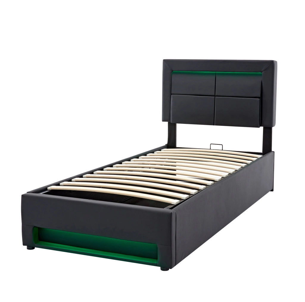 Letto imbottito 90x200 cm in PU nero con USB; LED e contenitore