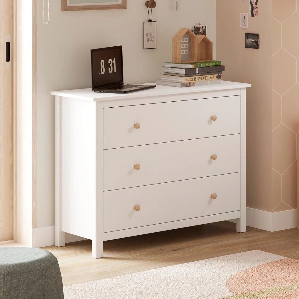 Comò Max 3 cassetti in legno massiccio bianco 100x40x80H