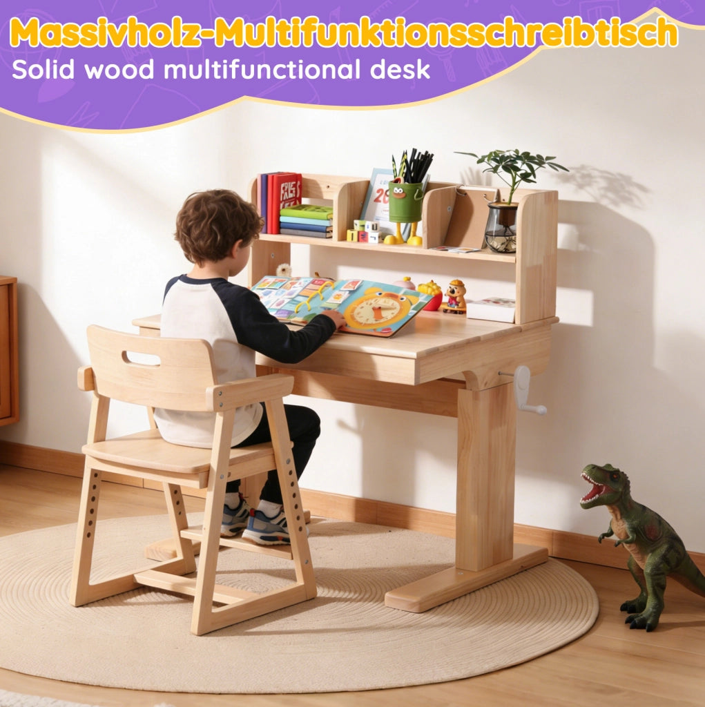 Scrivania per bambini in legno massello regolabile in altezza con piano inclinabile e vano portaoggetti, colore naturale, per bambini da 6 anni