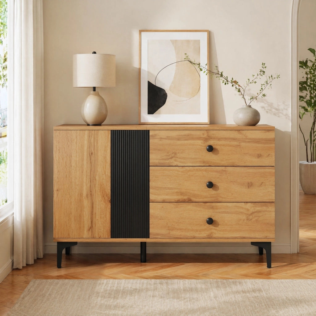 MADIA con 1 anta e 3 cassetti 120x35x76 cm nero e naturale