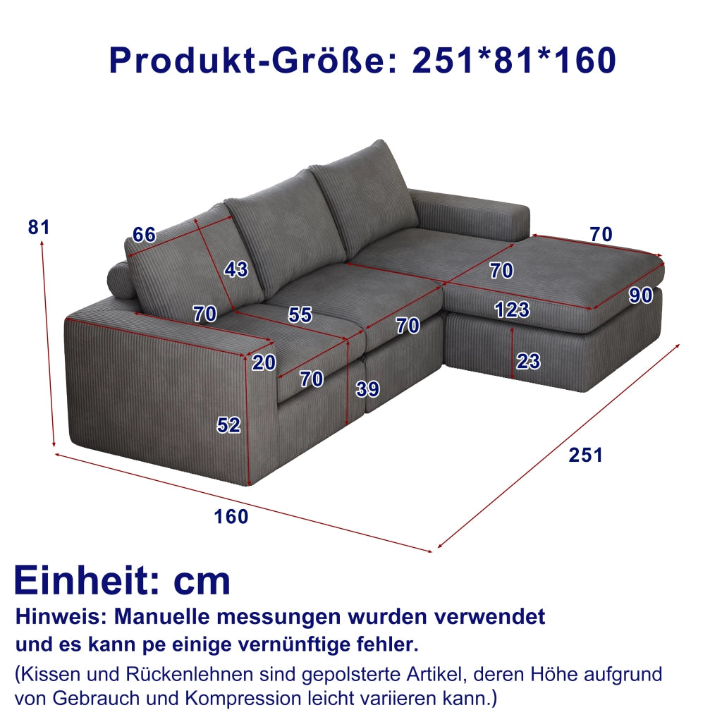 Divano Angolare con Chaise Longue in Velluto a Coste ¨C MINIMAL ¨C 3 Posti, Grigio