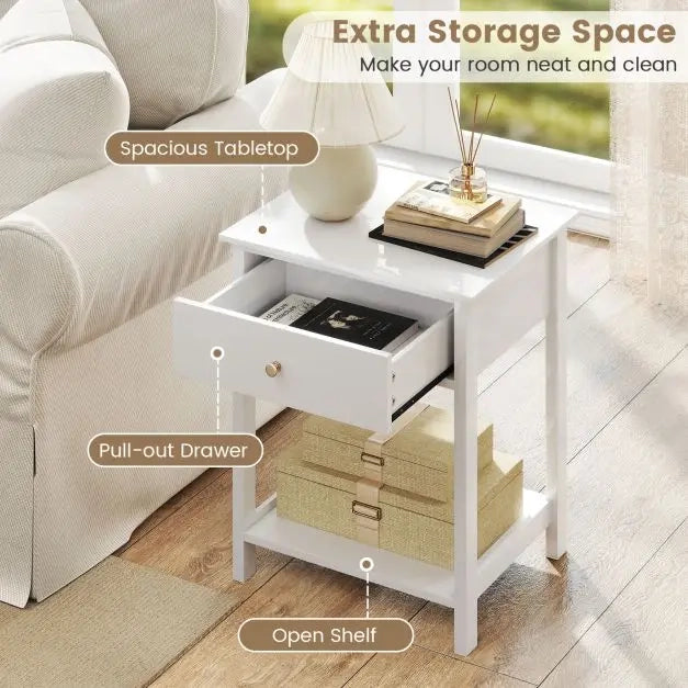 Wooden Bedside Table with Drawer Sofa Table with Open Shelf Mid-Century Style Multifunctional Side Table White