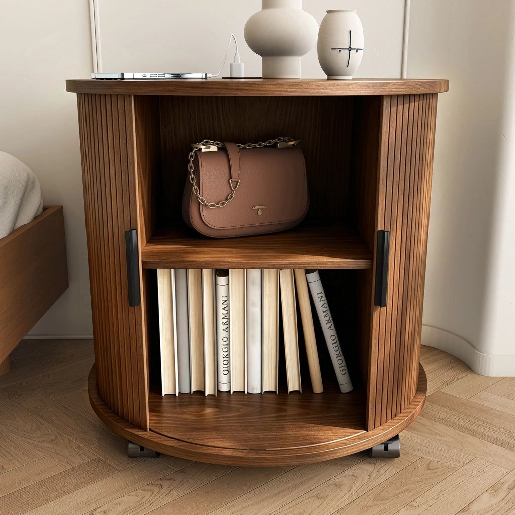 Comodino rotondo stile anni Cinquanta con presa e 2 USB; MDF effetto noce; 60 cm