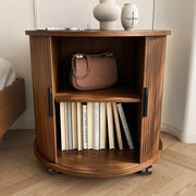 Comodino rotondo stile anni Cinquanta con presa e 2 USB; MDF effetto noce; 60 cm