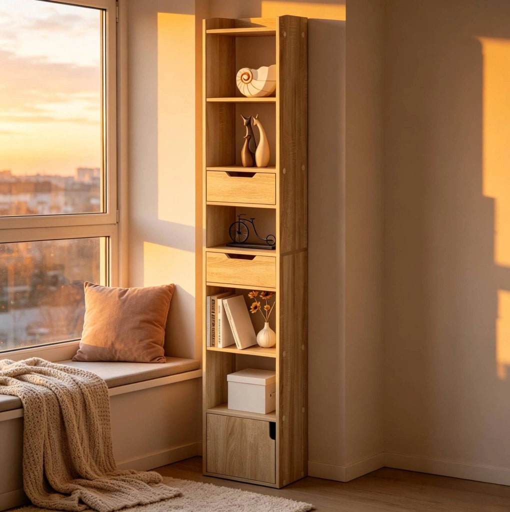 Libreria moderna in legno E1 con 6 ripiani, 2 cassetti e anta, colore rovere chiaro, 33x181x24 cm