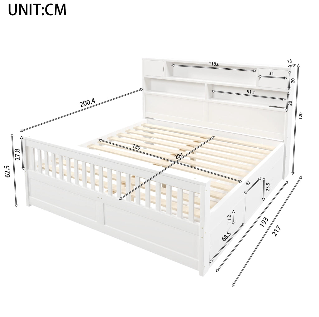 Letto 180x200 cm con testiera libreria, LED regolabile, USB e 4 cassetti in MDF bianco