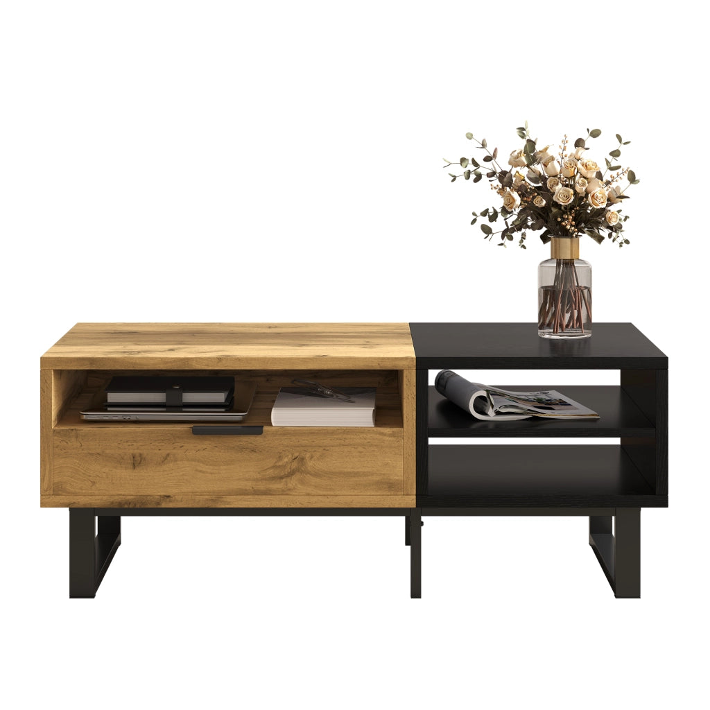Tavolino da salotto con cassetto 100 x 50 x 40 cm in pannello truciolare nero e legno con vani a giorno