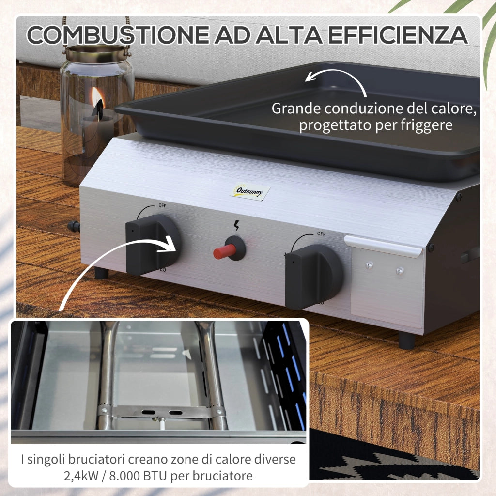 Piastra Barbecue a Gas con 2 Bruciatori Regolabili 4.8kW, Piano Antiaderente Compatto per Giardino ed Esterno, Argento