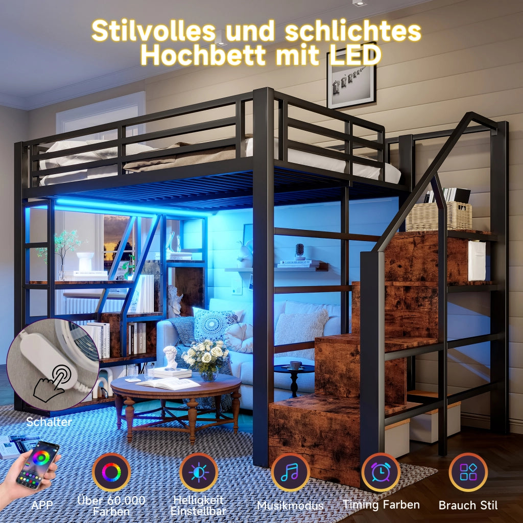 Letto a soppalco 140x200 cm con LED; scala con contenitore e ripiani; metallo e MDF nero