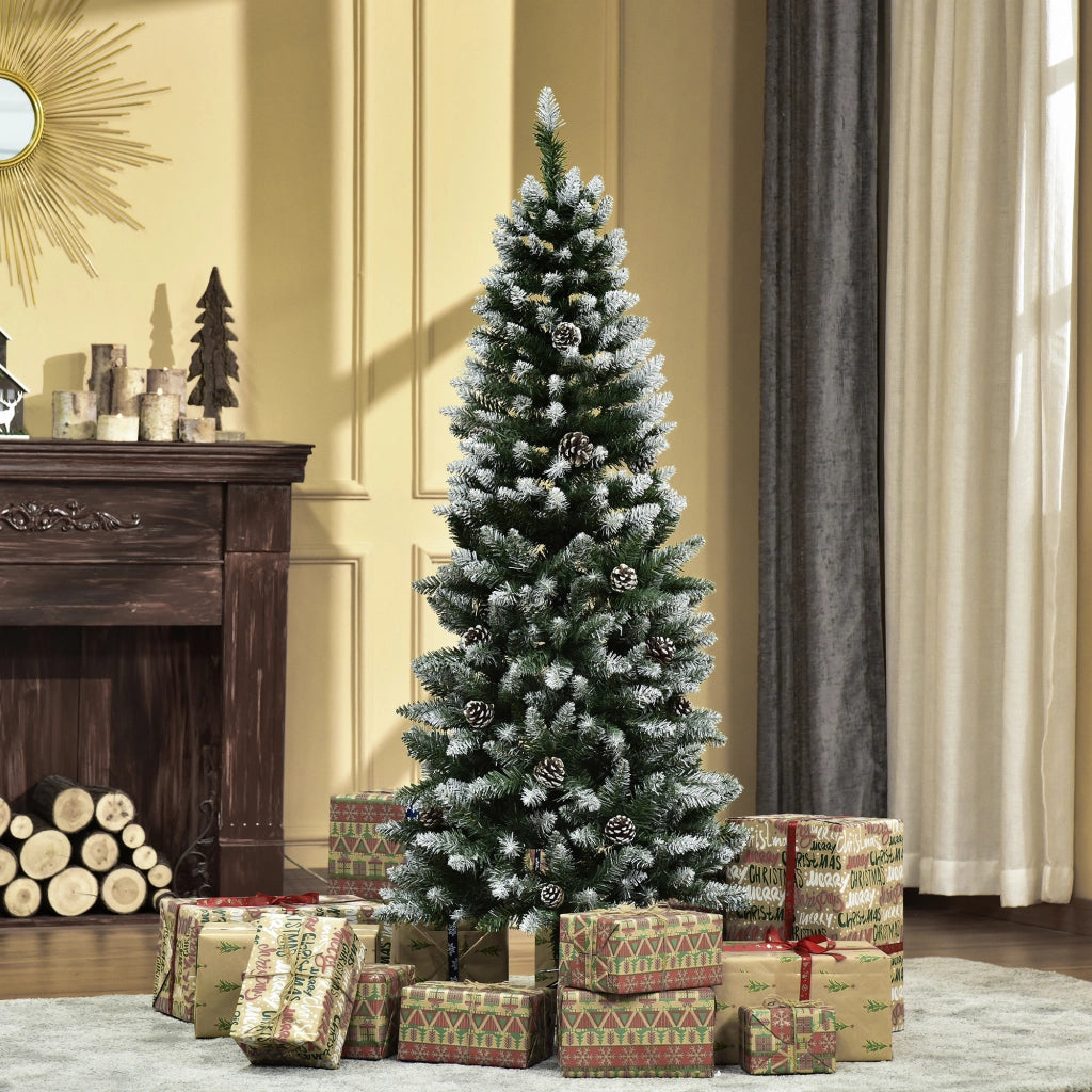 Albero di Natale Innevato 150 cm in Plastica e Metallo Verde e Bianco con 464 Rami e 28 Pigne Facile da Montare Robusto per Casa