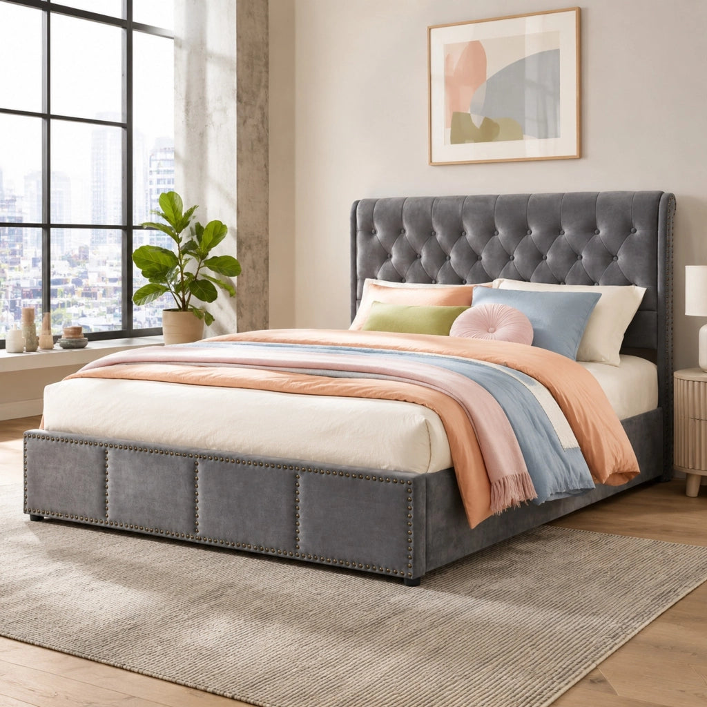 Letto contenitore 180 × 200 cm in velluto grigio con rete a doghe inclusa