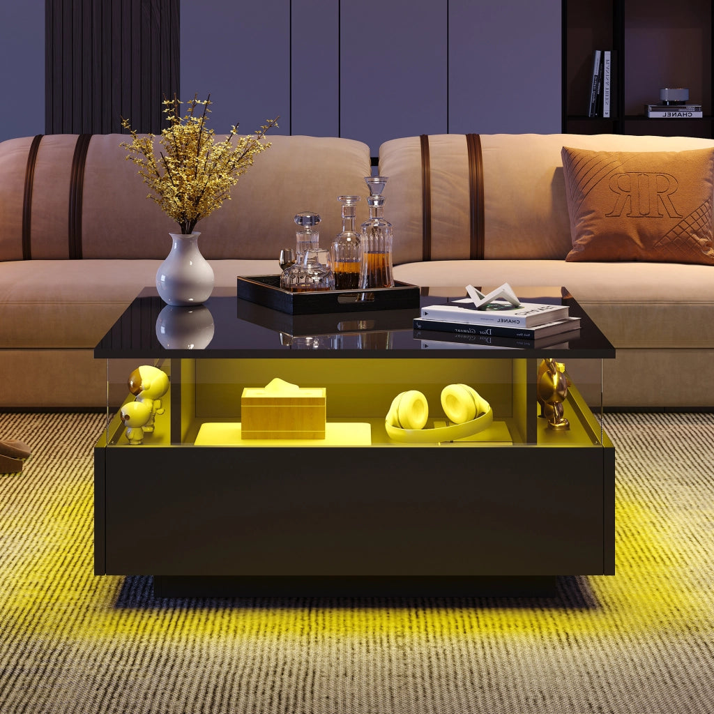 Tavolino da caffè con LED e 2 cassetti; 70 x 70 x 41 cm; nero