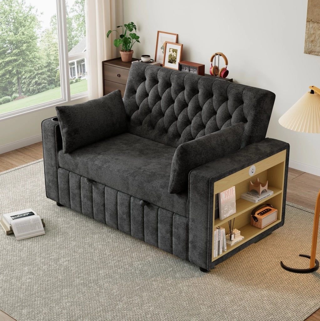 Divano letto multifunzionale 2 posti in tessuto chenille con schienale regolabile, porta bevande e porta USB, grigio