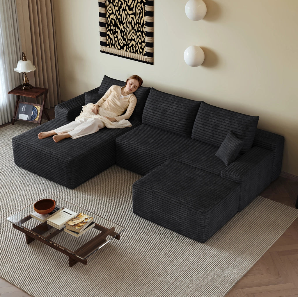 Divano modulare angolare senza braccioli 270 cm con chaise longue a L in tessuto di velluto a coste nero