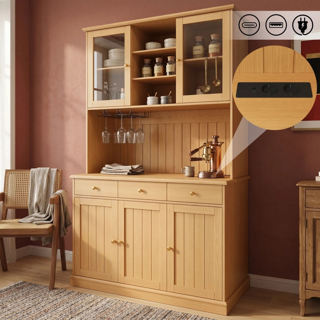 Credenza Alta da Pranzo 120x40x191 cm, Colore Naturale, Ante in Vetro, Portabicchieri, Ampio Spazio, Presa Integrata con USB-C e USB-A