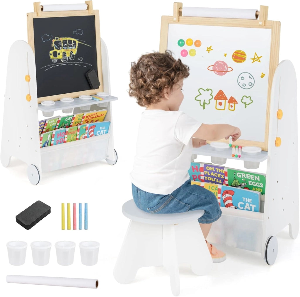 Cavalletto Lavagna per Bambini con Sgabello e Tavolo 4 in 1, Lavagna Magnetica Regolabile in Altezza con Rotolo di Carta e 4 Tazze di Vernice, Cavalletto a Ruote con Gessi e Cancellino