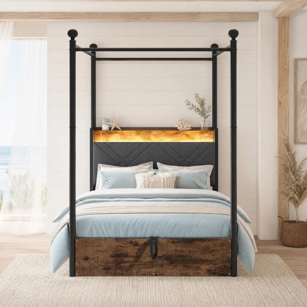 Letto a baldacchino 90x190 cm con contenitore idraulico, LED e USB-C in ferro nero