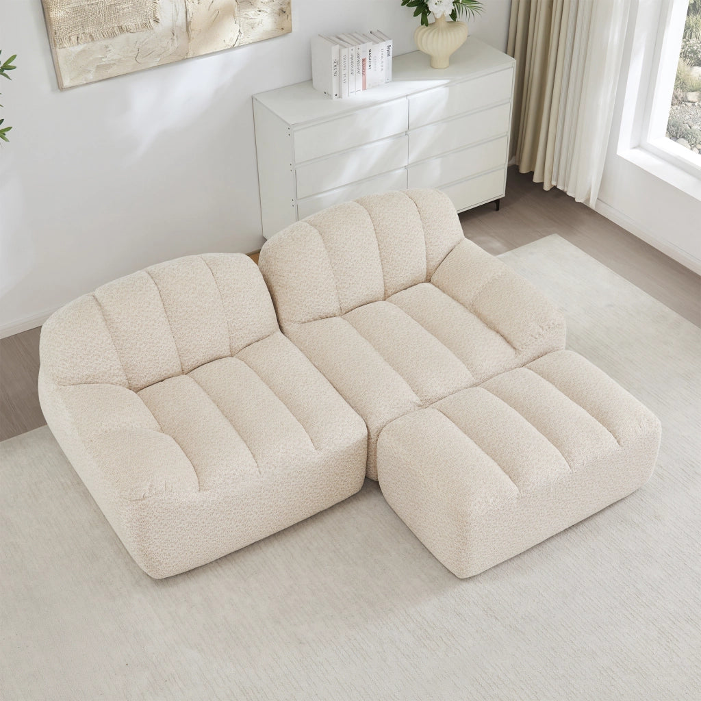 Divano modulare 2 posti a L con ottomana collegabile in pile granulato beige bianco senza montaggio