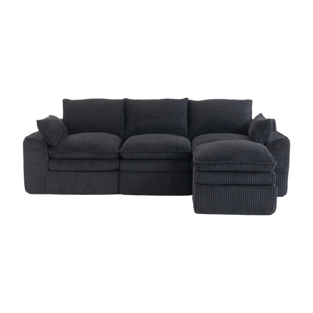 Divano modulare 3 posti in corduroy con pouf; tasche laterali; 263x167x85 cm; nero