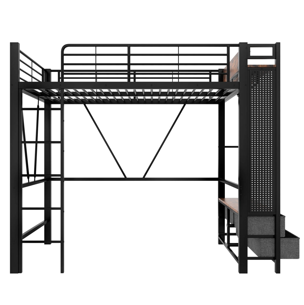 Letto a soppalco 90x200 cm con 4 cassetti; LED e USB Type-C in metallo e MDF