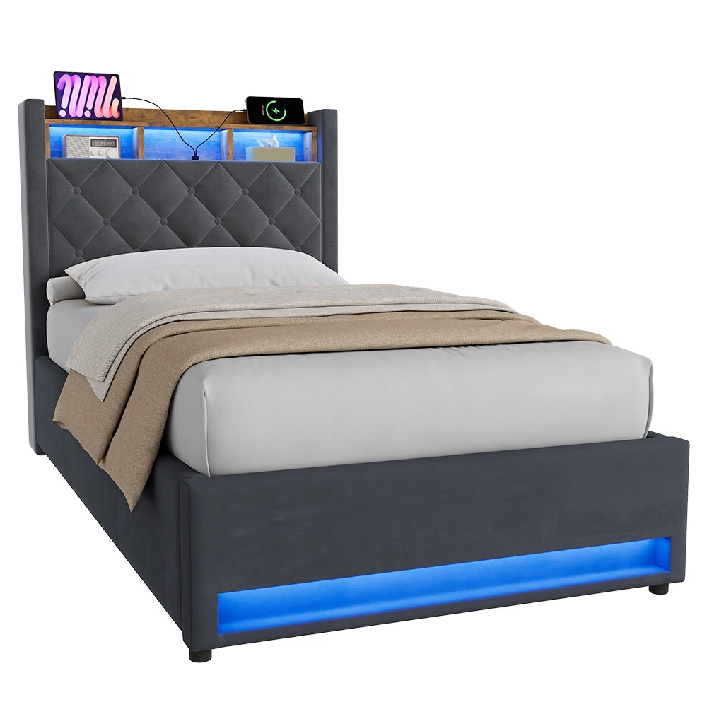 Letto Imbottito con Contenitore 90x190 cm Grigio in Velluto con LED e Porte USB