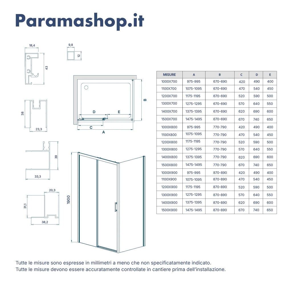 Box doccia angolare 90x130 cm profili cromati apertura scorrevole 130cm e parete fissa 90cm vetro 6mm opaco h190 | Cuba