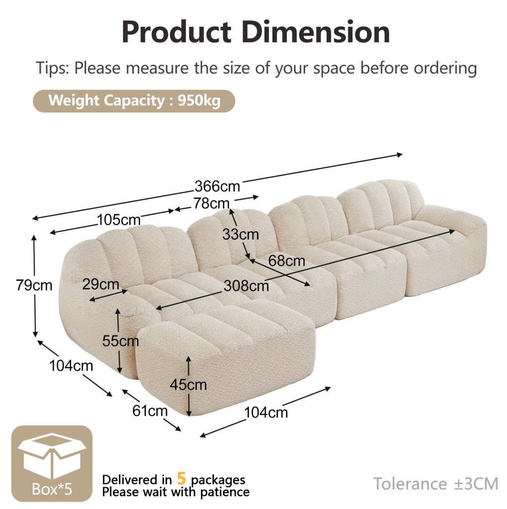 Divano modulare a 4 posti con pouf, schiuma ad alta densità 32D, tessuto morbido beige e bianco
