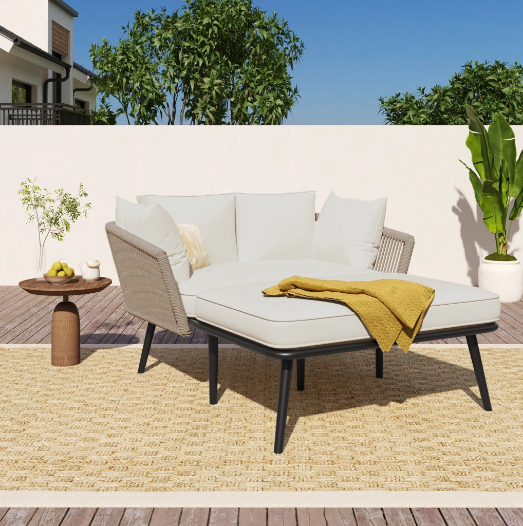 Poltrona da giardino con cuscini sfoderabili e lavabili, struttura in acciaio zincato, tessuto beige e corda kaki per esterno