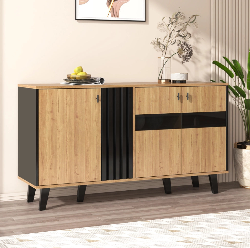 Sideboard 140x78,5x41 cm in legno e nero con LED e vetro