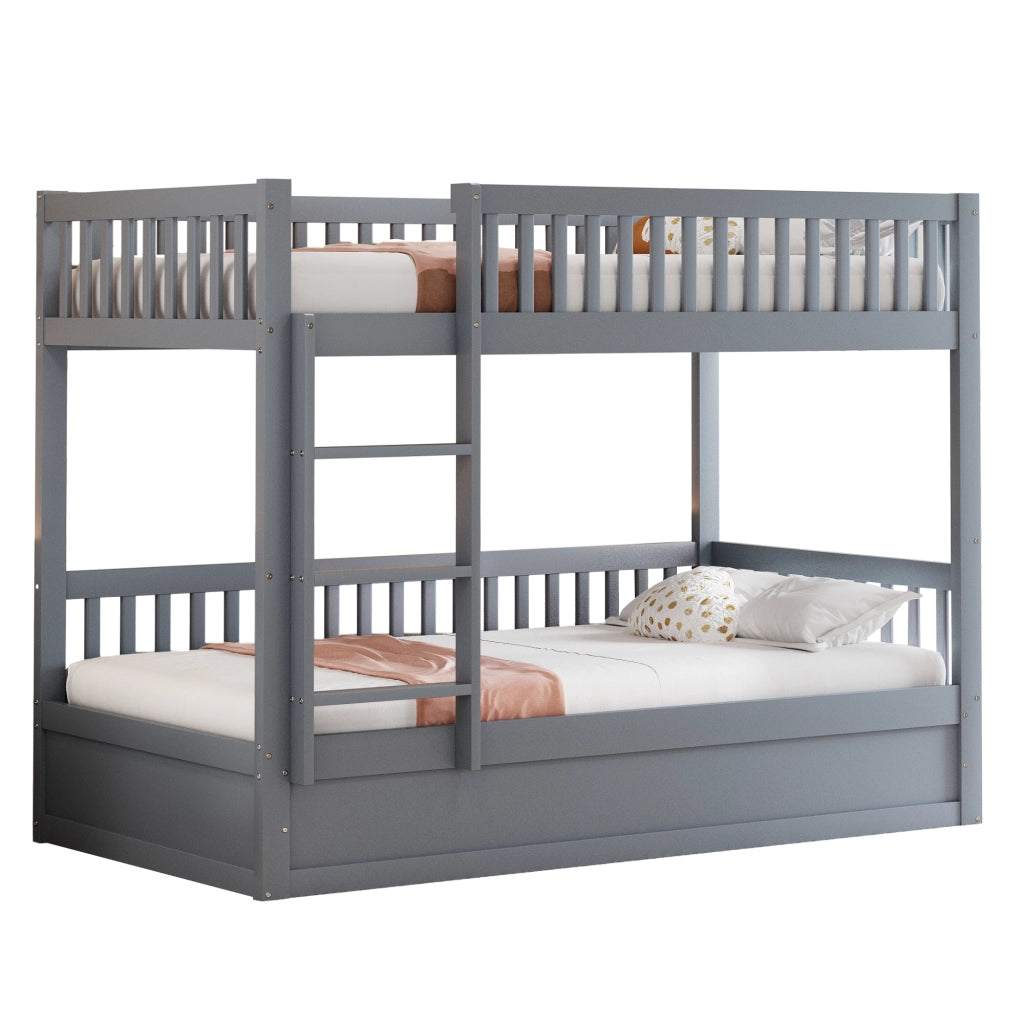 Letto a Castello Bambini LEMONMAX 90x200 cm con Vano Idraulico sotto il Letto, Scala, Guardrail, Rete a Doghe, 205x95x150 cm, Pino e MDF Grigio