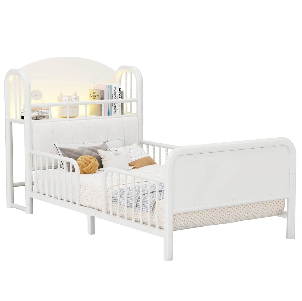 Letto singolo per bambini ULEVR 90x200 cm con sponde di sicurezza, testiera imbottita, vano e LED bianco