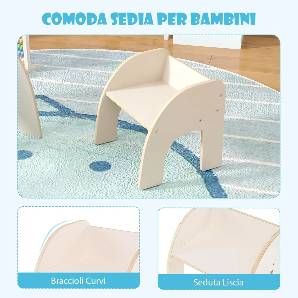 Set Tavolo e Sedie per Bambini 3+ Anni, Tavolino Legno con Sedie per Cameretta con Bordo Curvato e Ampio Piano, Mobile Salvaspazio per Camera da Letto, Soggiorno e Asilo (Bianco)
